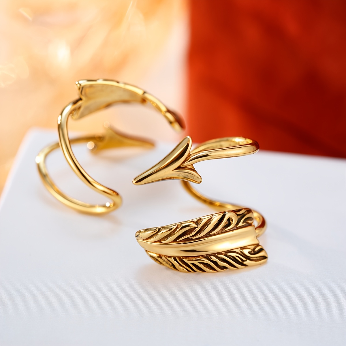 Women's Copper Feather Design Ear Clips with Synthetic Zirconia Inlay